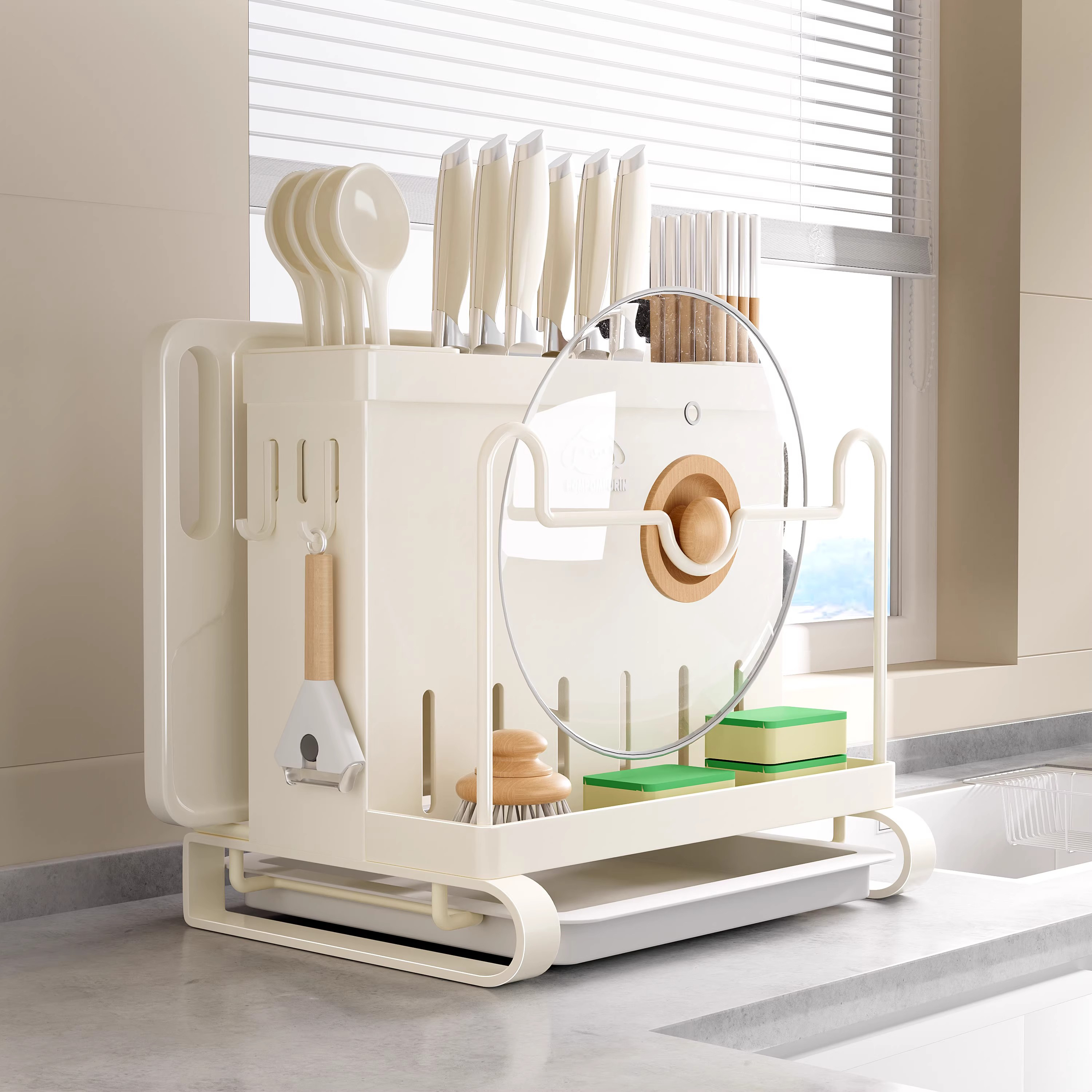 居厨厨厨房置物架刀架台面多功能菜刀砧板锅盖一体收纳架菜板刀具