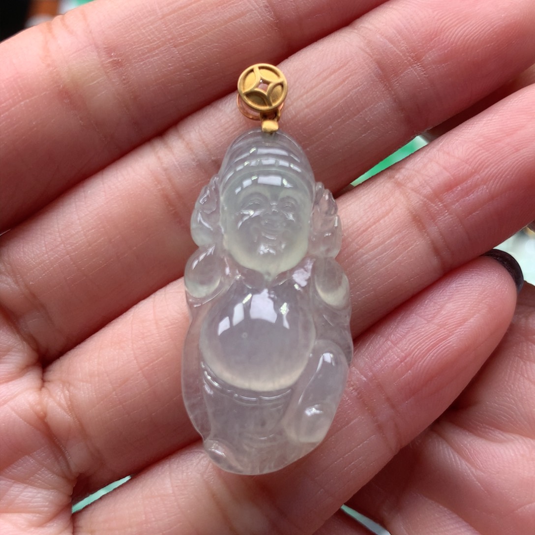 翡翠吊坠(不含链)18K金镶嵌财神爷