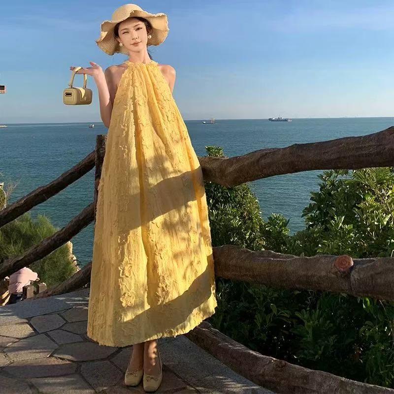 Yuanzhan/媛站夏季挂脖提花连衣裙裙子气质吊带裙小清新中长款