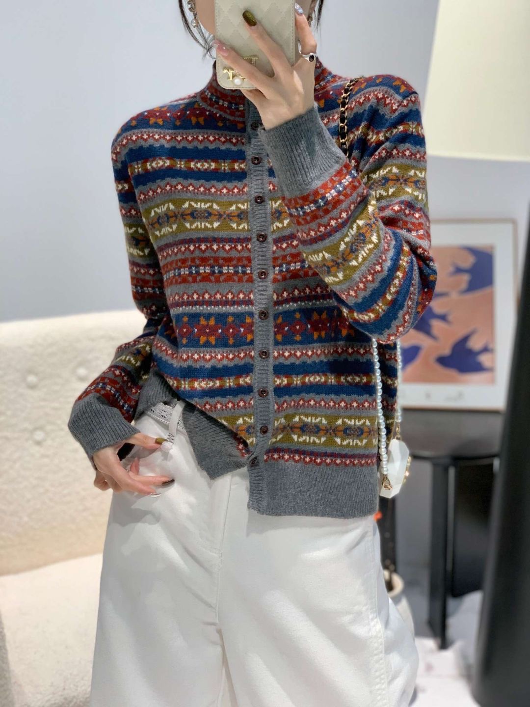 浣熊绒复古秋冬加厚毛条纹提花新款毛衣2025宽松针织上衣洋气开衫