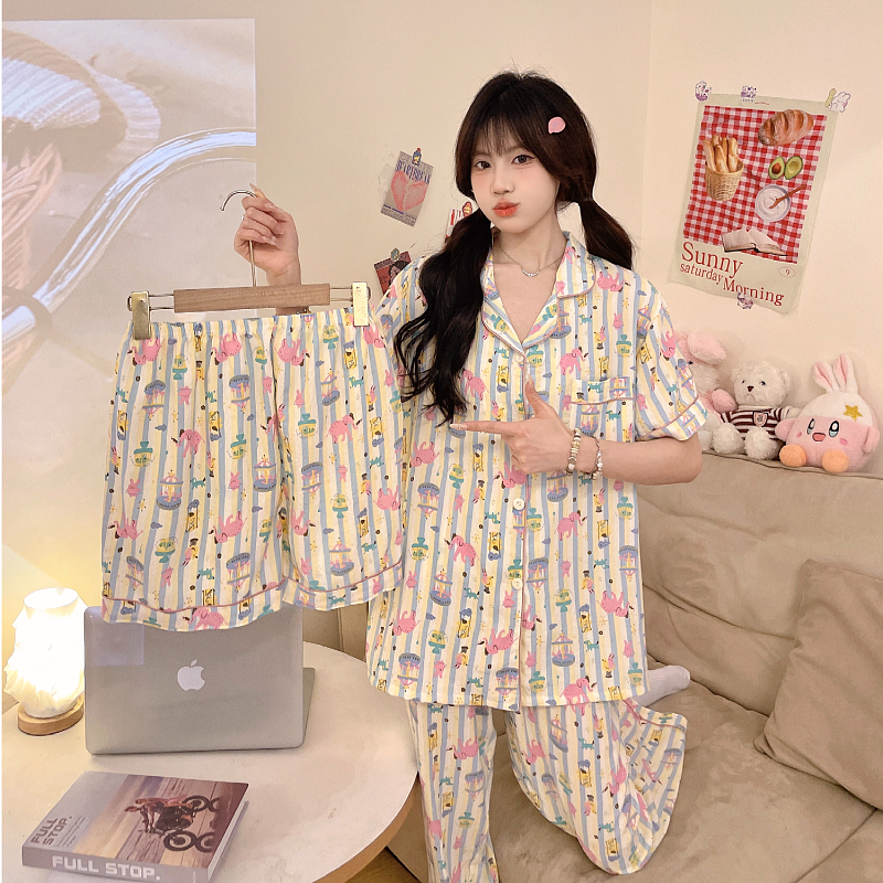  【游乐园大象】夏季新款三件套云朵棉睡衣女士甜美短袖卡通家居服