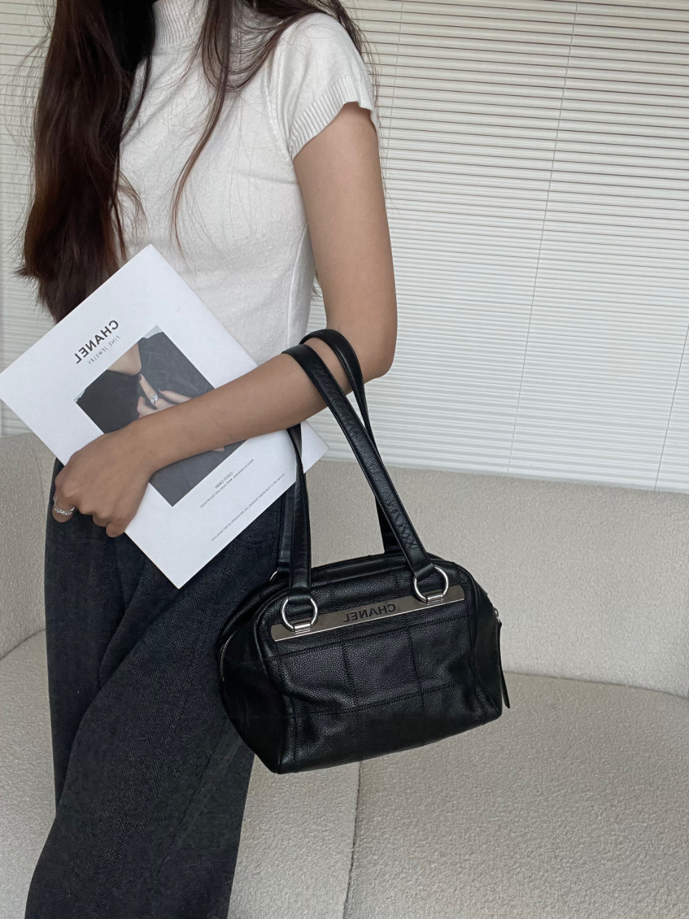 95新 Chanel/香奈儿 7803 Chanel 黑银荔枝牛波士顿枕头包