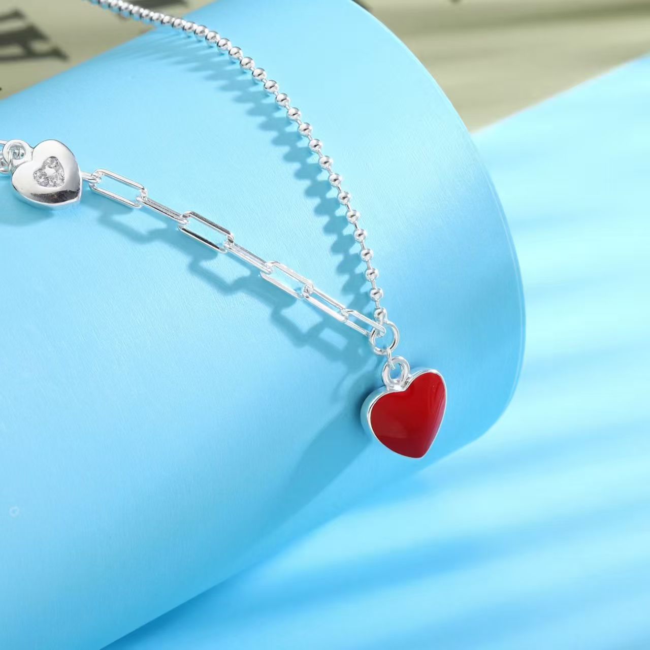 坠链均足银 套链珐琅彩红色爱心时尚送女友礼物纯银长度40+5