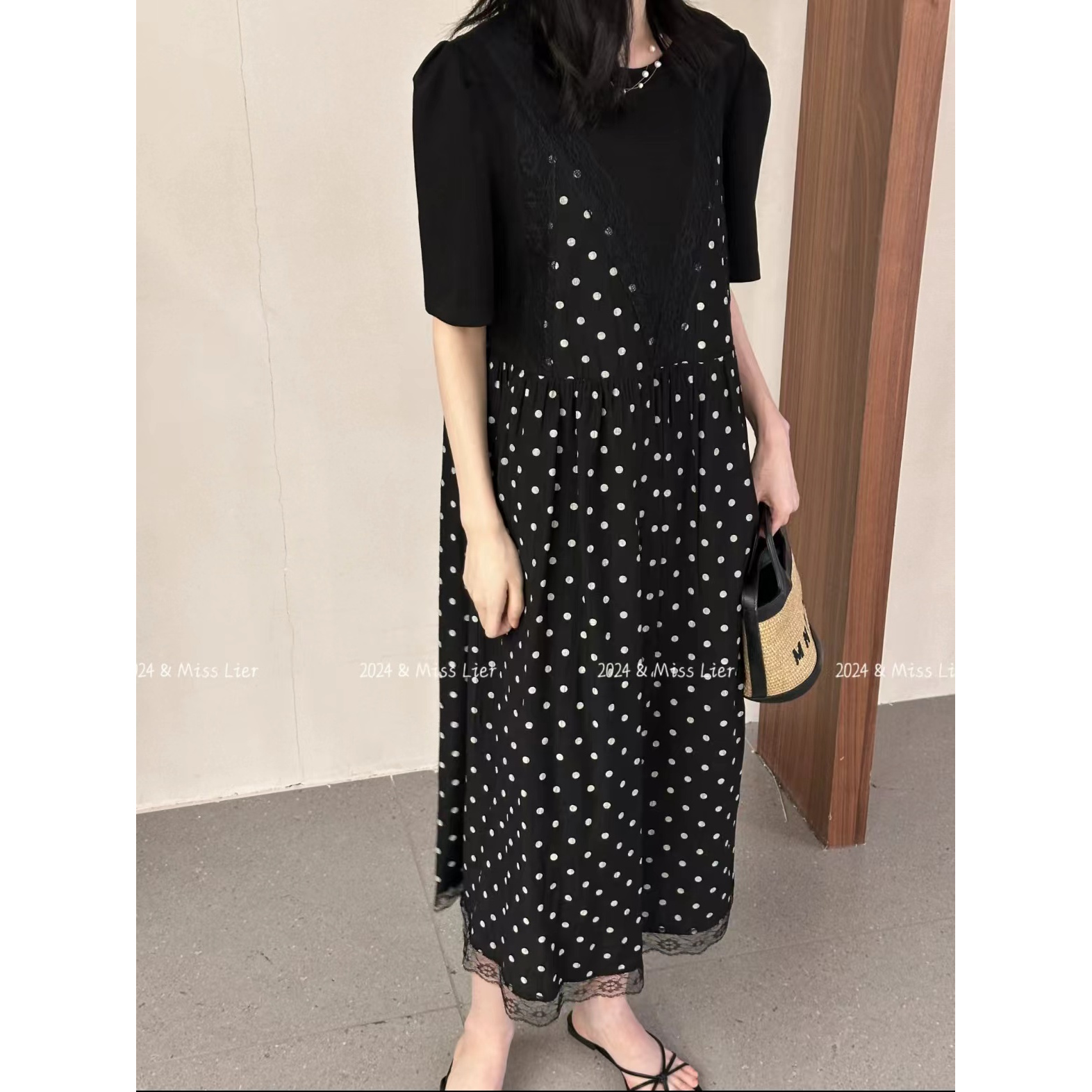 R696波点假两件连衣裙