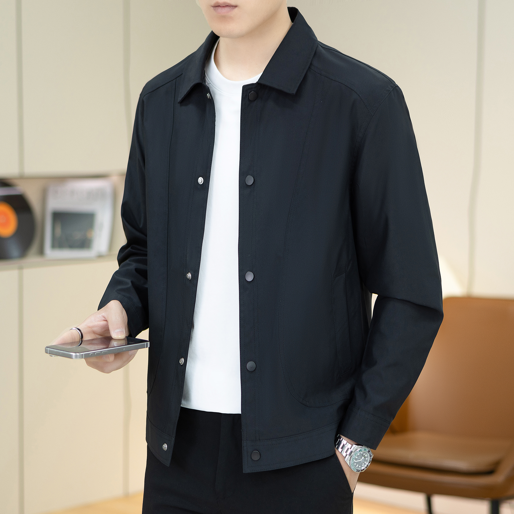 2025男士韩版翻领春季常规男长袖商务休闲夹克百搭薄款纯色商务