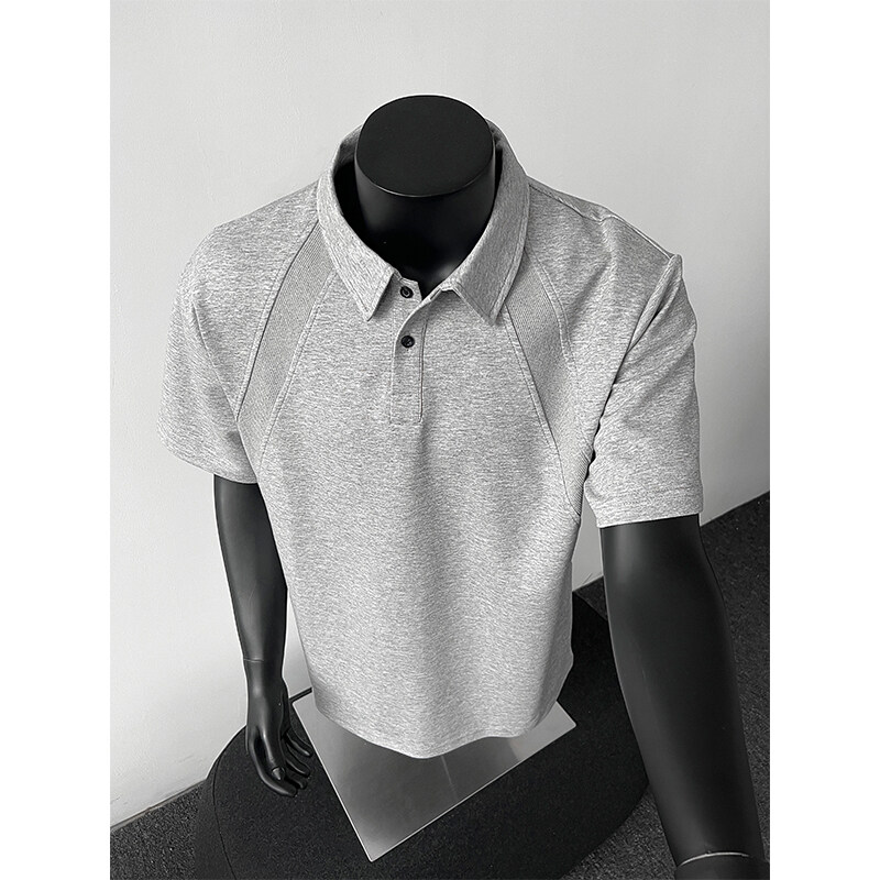 夏季新款太空棉日系拼接短袖T恤男设计感两粒扣POLO衫半袖上衣潮