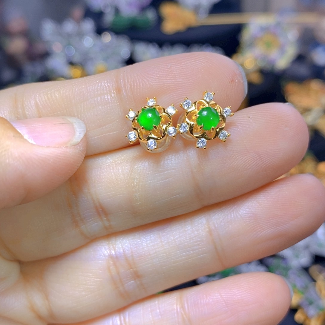 翡翠耳钉银S925镶嵌天然翡翠