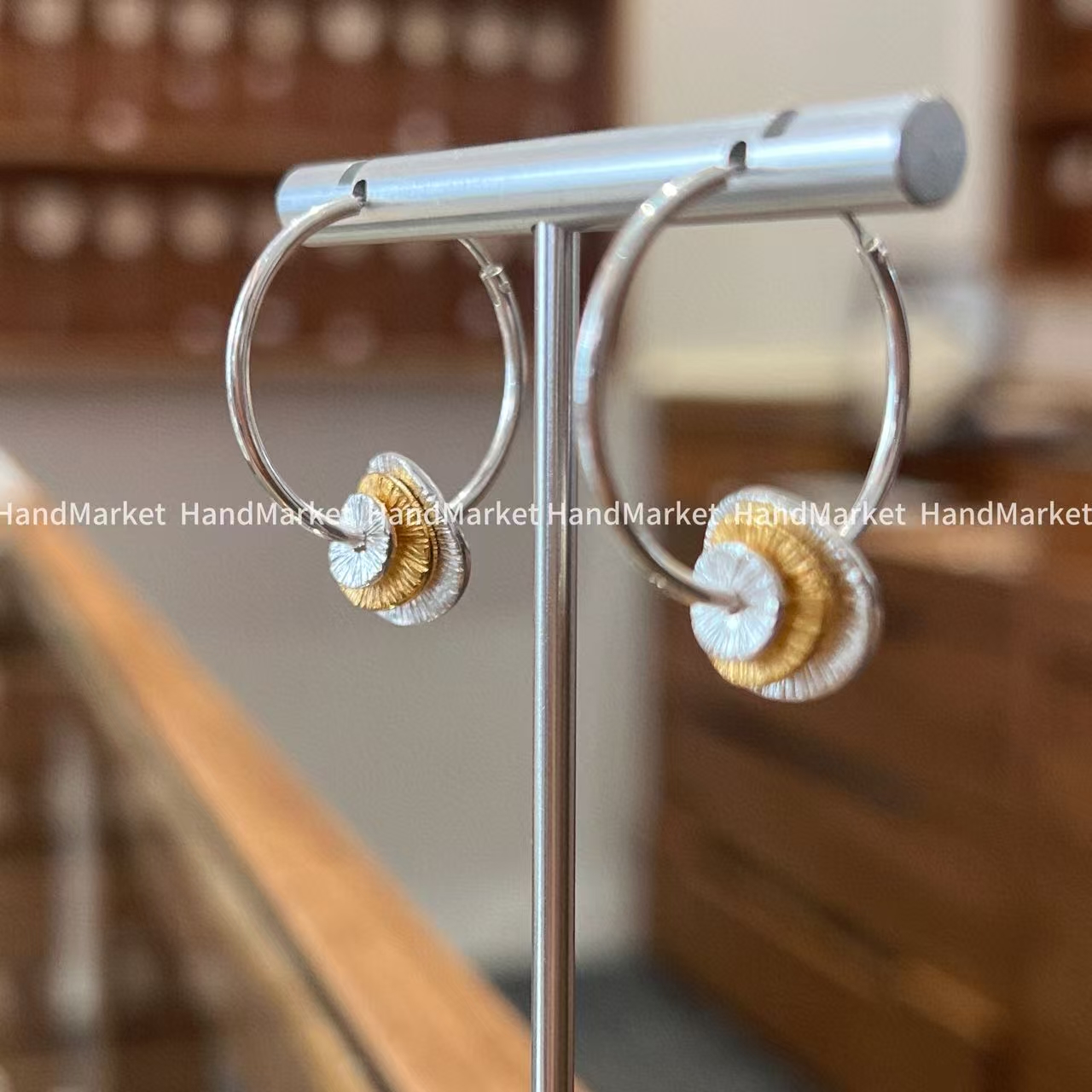 925银耳饰 JIUJIU【金丝银饼多戴耳圈】气质百搭复古小众简约0826