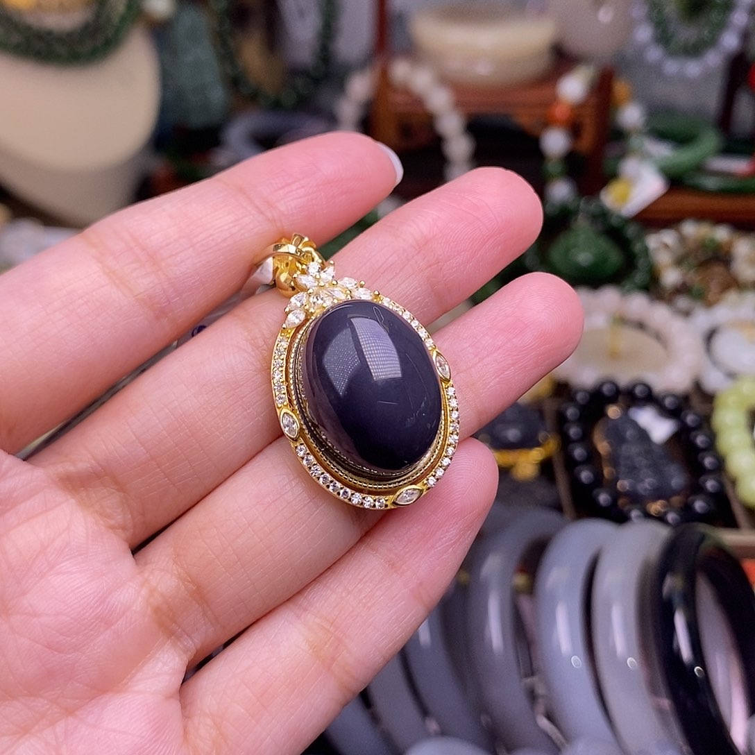 和田玉福利浓烟紫蛋面银镶未镶嵌