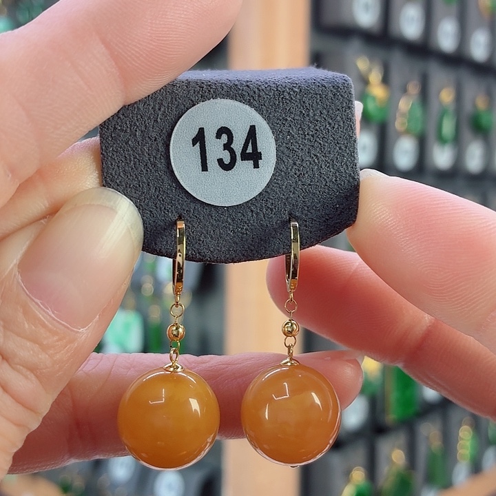 蜜蜡18K金镶嵌耳饰