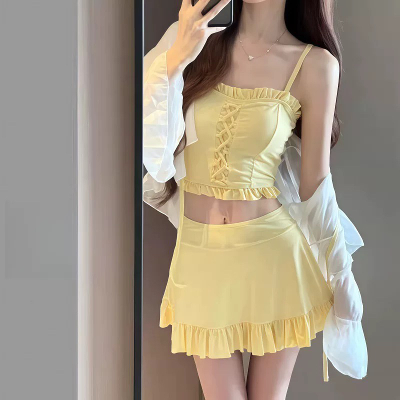 2025夏新款分体泳衣女三件套带外套黄色显白裙式保守高级感泳衣女