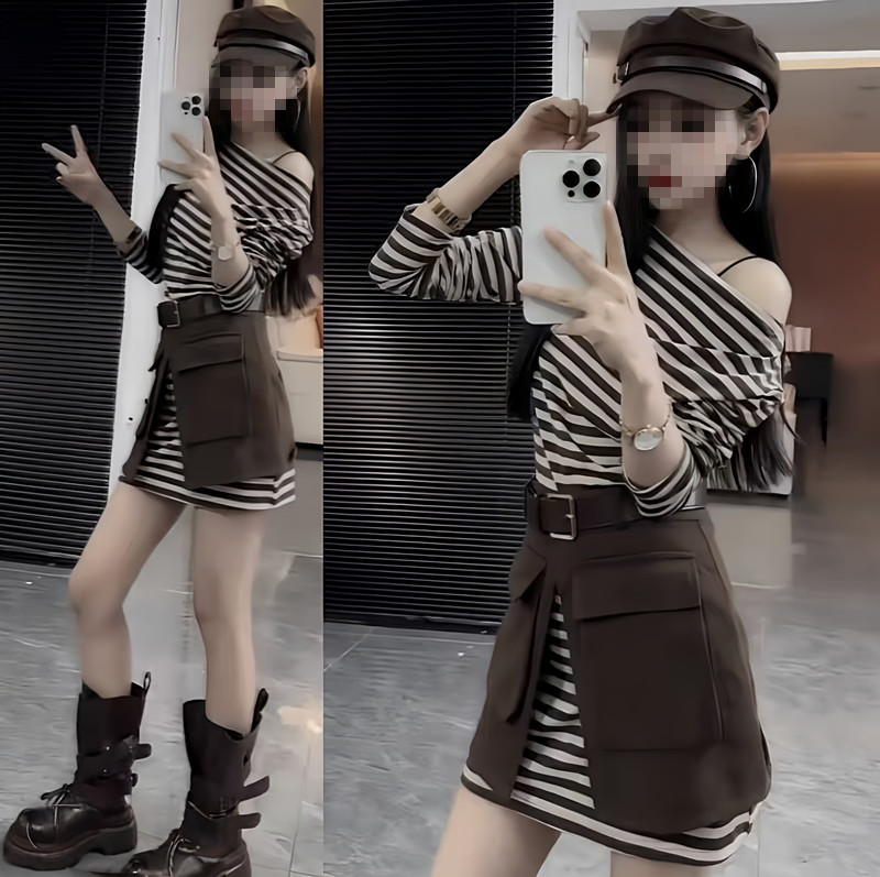 2025秋季新款领露洋气长袖条纹T恤开口围裙时尚两件套装叠穿遮肉