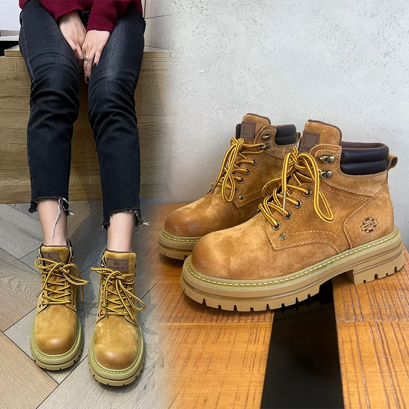 欧洲站真皮马丁靴女秋季新款头层猪皮内增高大黄靴百搭户外工装靴