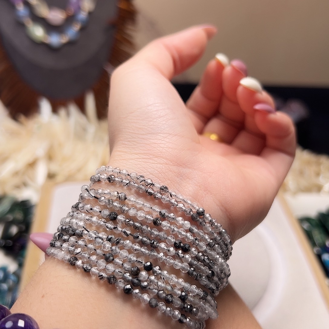 玛瑙/玉髓合金珠宝半成品j72 飘花黑发晶一条