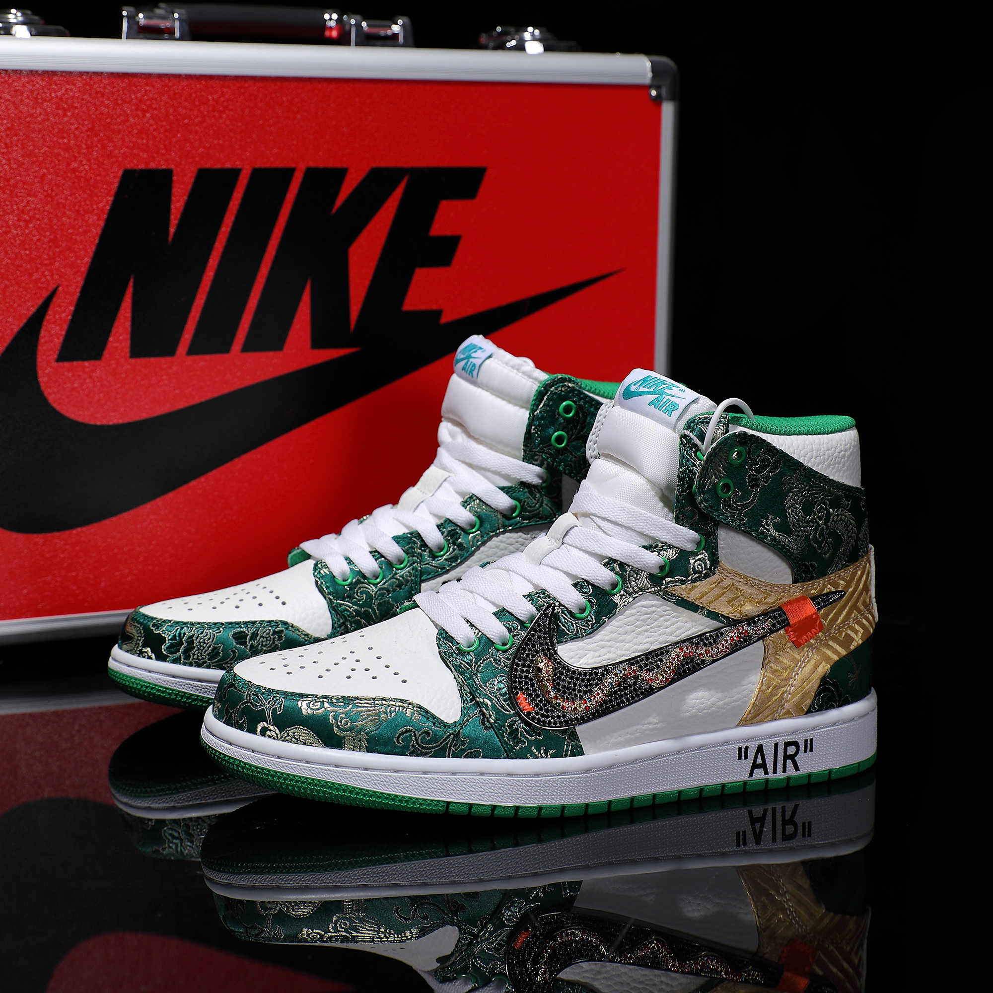 NIKE/耐克定制球鞋Air Jordan1白绿 国风刺绣牛皮时尚百搭潮鞋