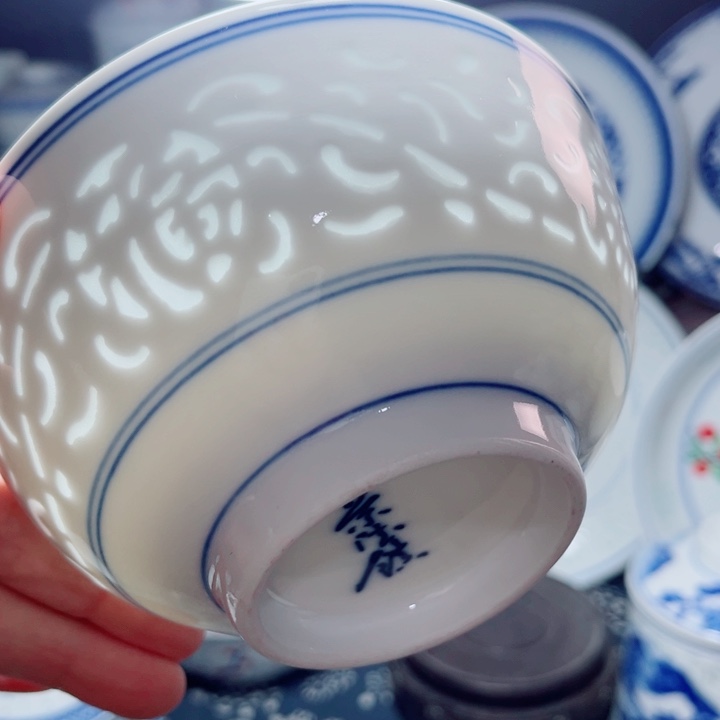 青花玲珑5寸饭碗满雕双福双线