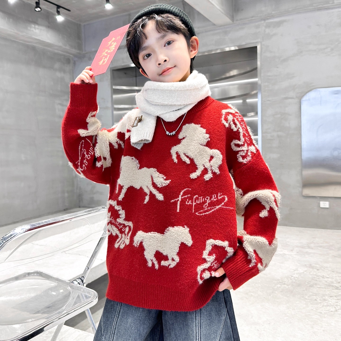 男童秋冬款加绒加厚本命年红色毛衣2025新款冬季中大儿童男孩冬装