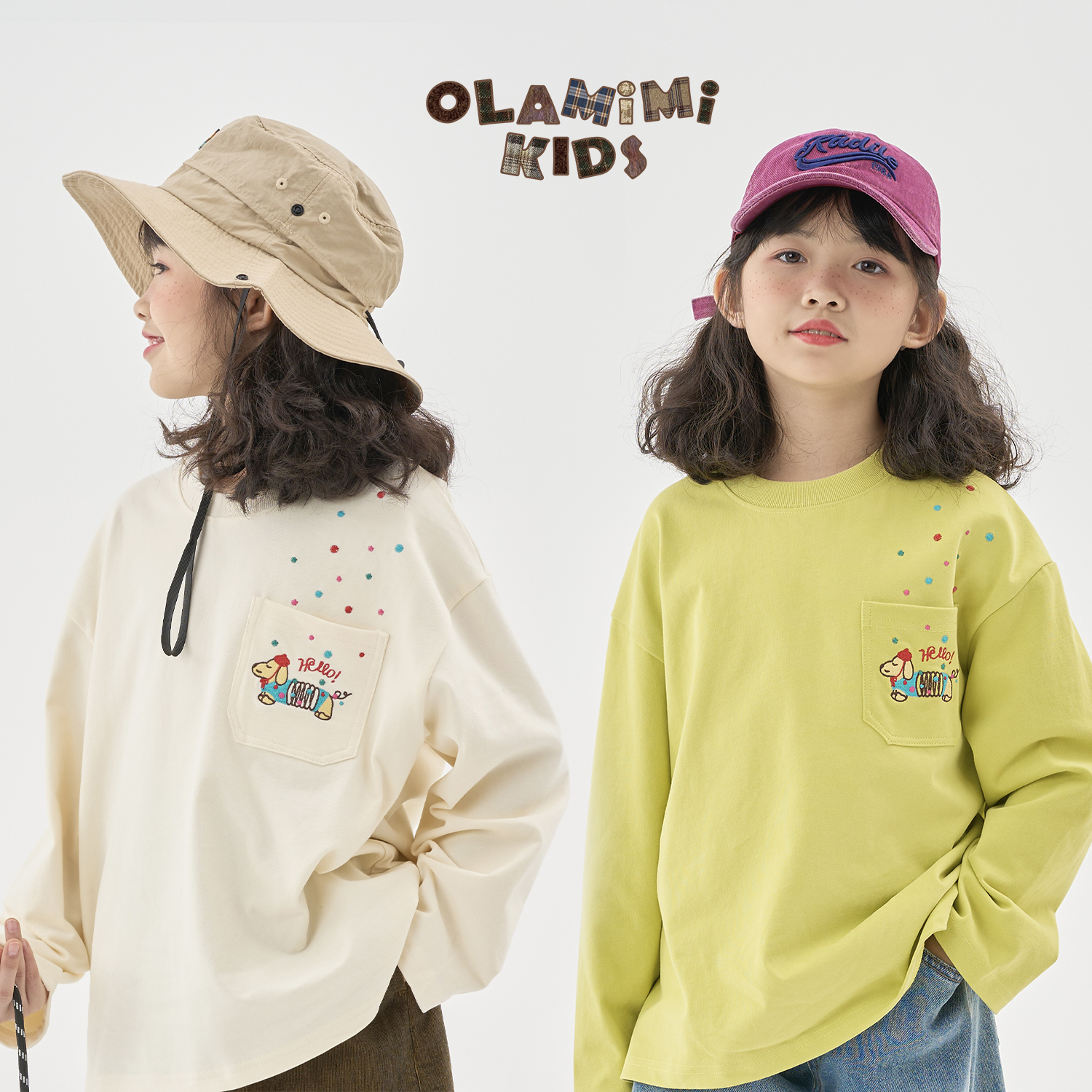 OLAMIMI定制2025春 亲子两色多彩腊肠狗刺绣宽松圆领套头长袖T恤