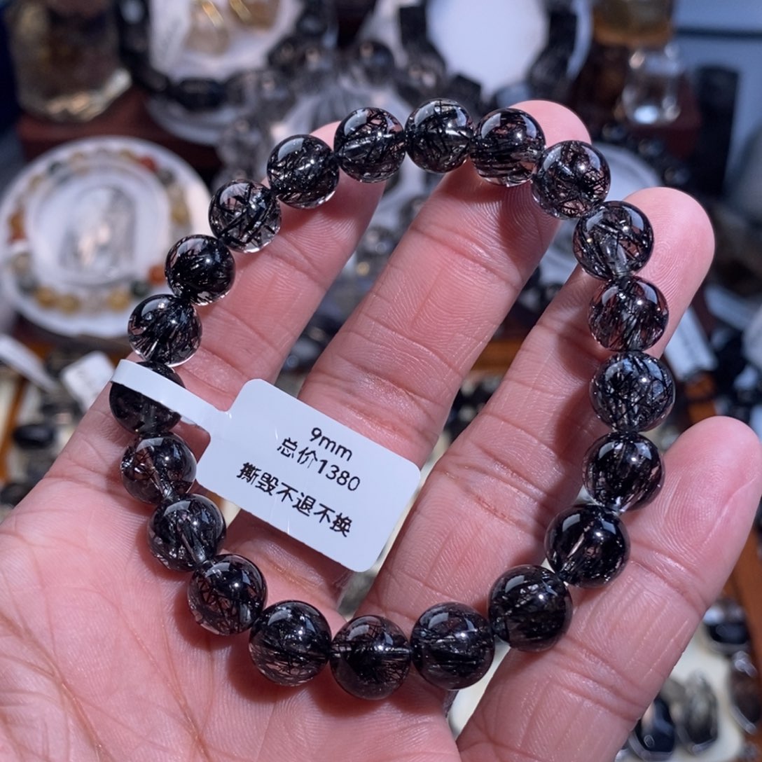 手链水晶未镶嵌黑发晶黑爆闪烟花蕾丝9mm全透体