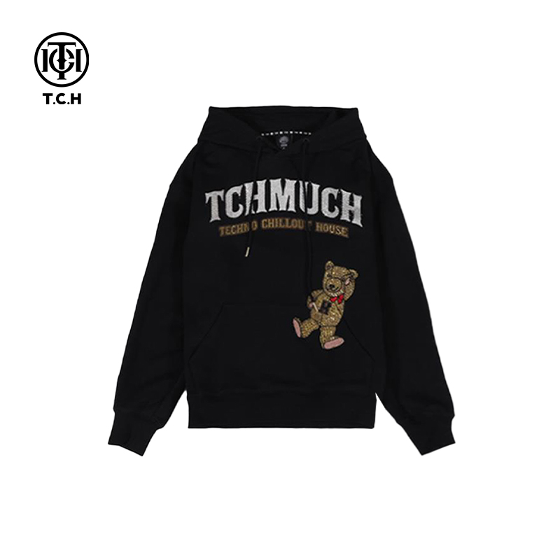 TCH轻奢秋冬时尚休闲慵懒风烫钻长袖情侣连帽黑色卫衣S66C129036