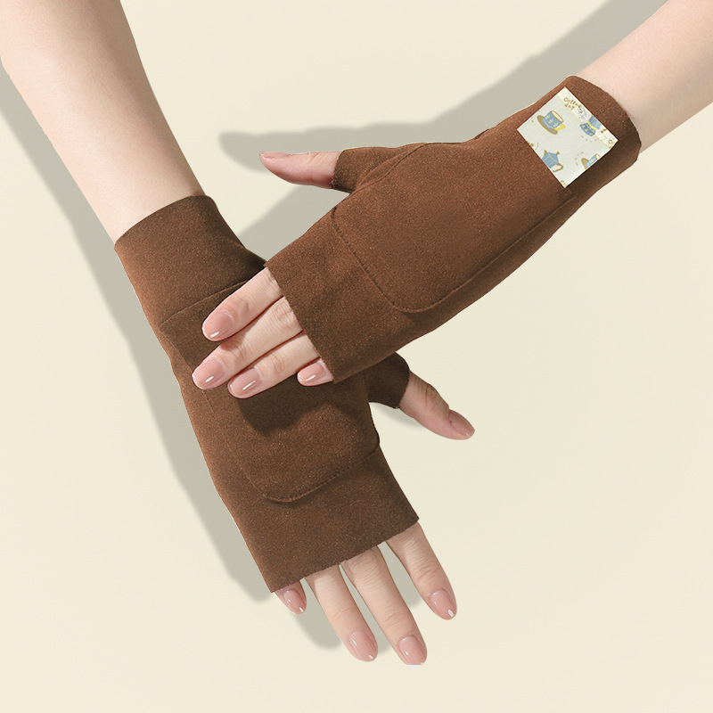 德绒保暖手套无指半指手套学生露指触屏手套秋冬薄款加绒手套冬季