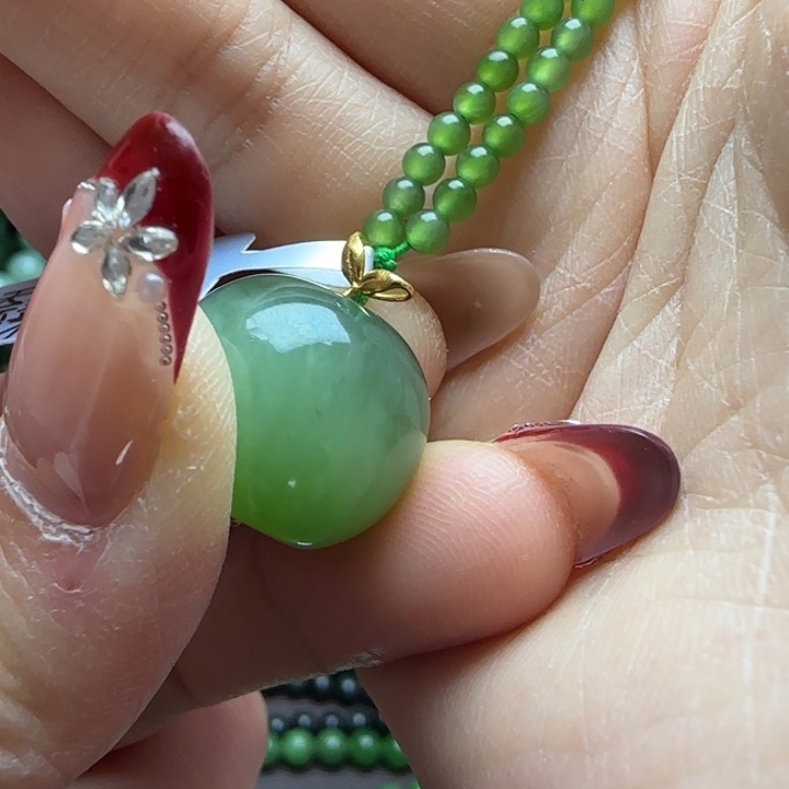 和田玉（碧玉和田玉珠）吊坠18K金镶嵌