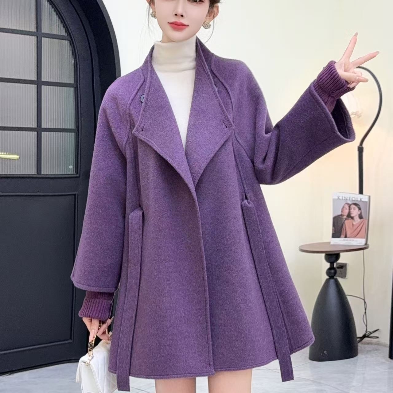 J秋冬新款加厚中长款韩版时尚百搭立领毛呢外套女显瘦双面大衣