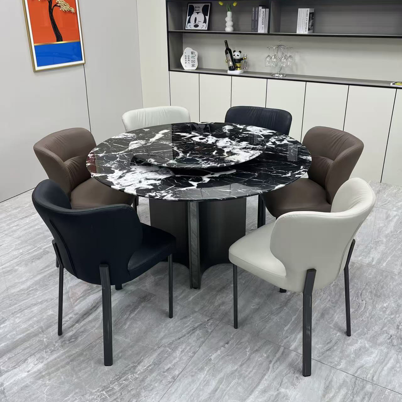 宝格丽黑大理石圆桌带可旋转电动转盘2025新款轻奢家用餐桌椅组合