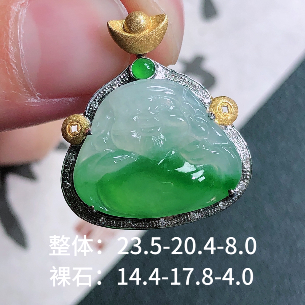 18k镶嵌冰种天然缅甸A货翡翠飘阳绿财神爷