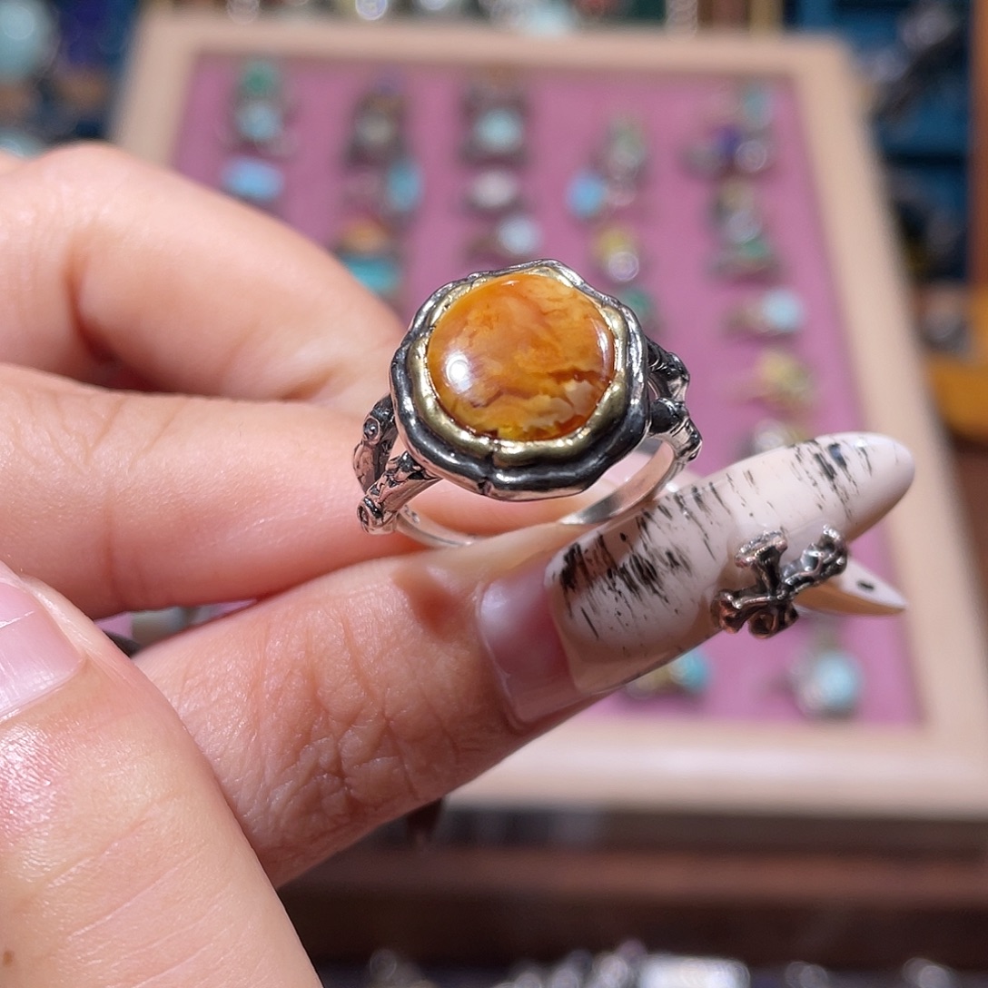 琥珀银S925镶嵌戒指