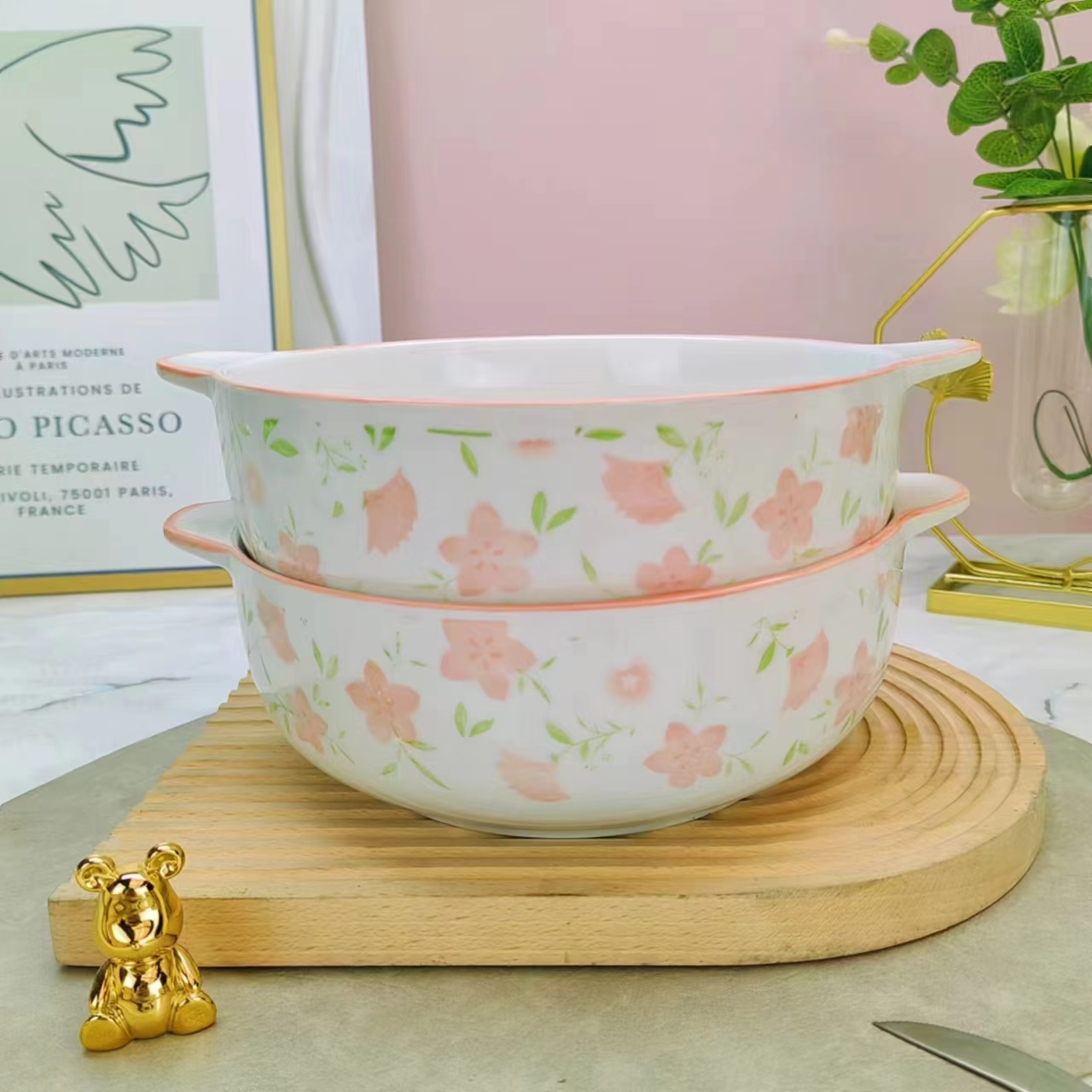 9.5英寸双耳碗十里桃花 2只/破损联系客服补发