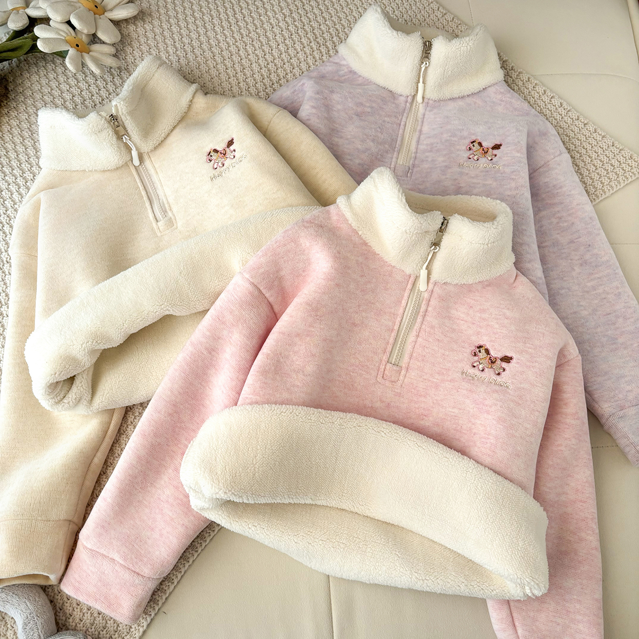 冬季新款女童加绒卫衣加厚时尚百搭保暖中大童立领拉链上衣打底