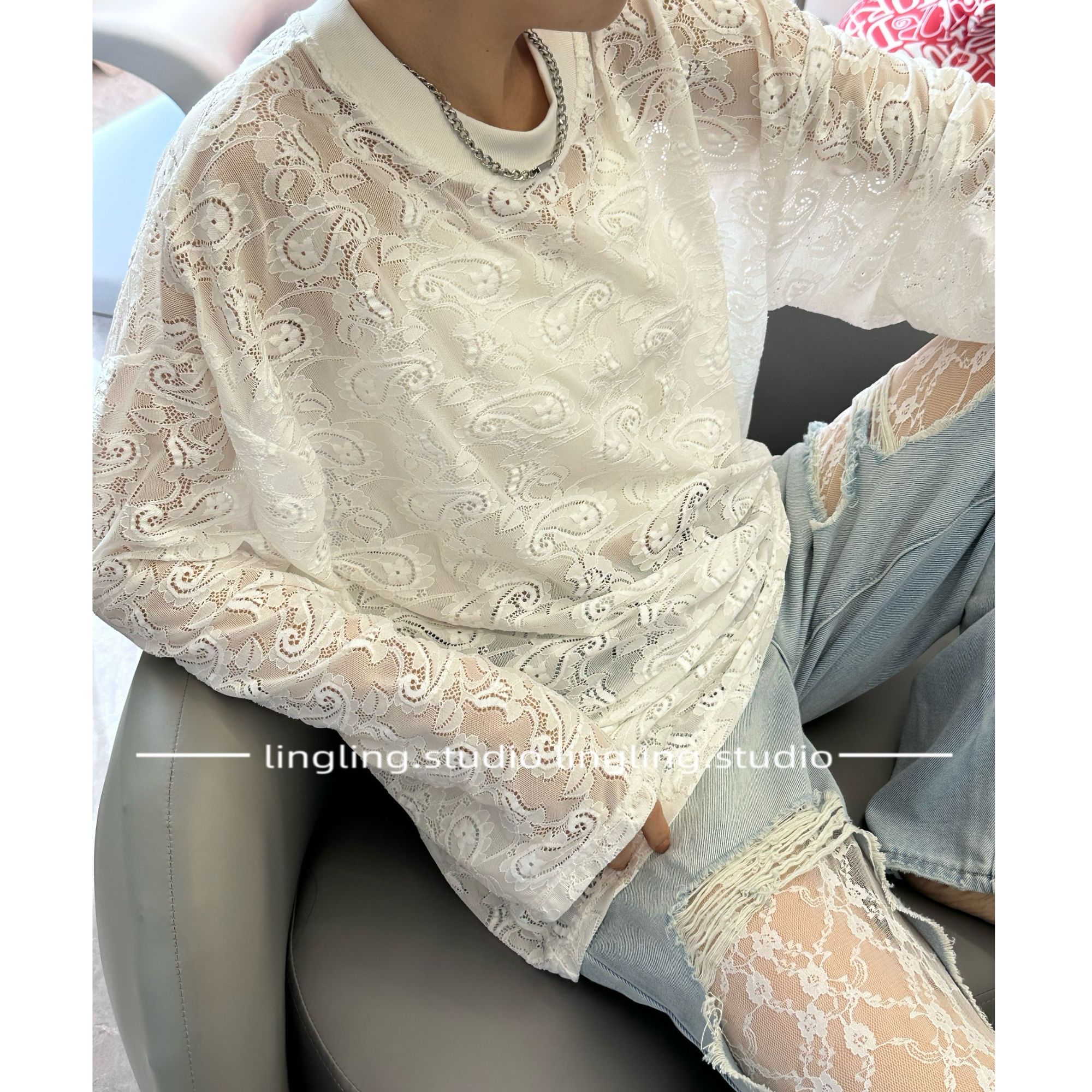 QX8828【千丝万缕】提花宽松圆领针织长袖休闲蕾丝上衣镂空春秋时尚