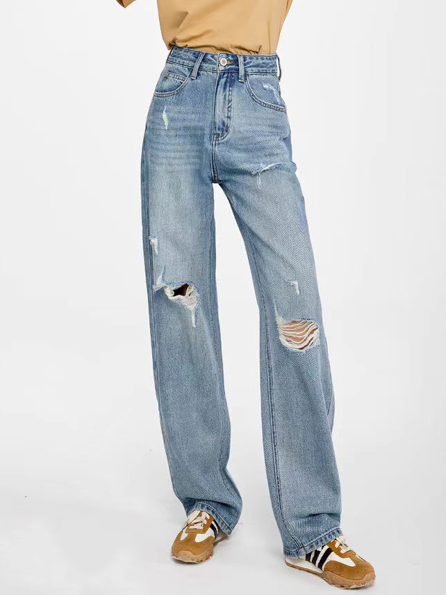 复古破洞小众大码窄版阔腿牛仔裤女2025春季新款宽松显瘦拖地裤