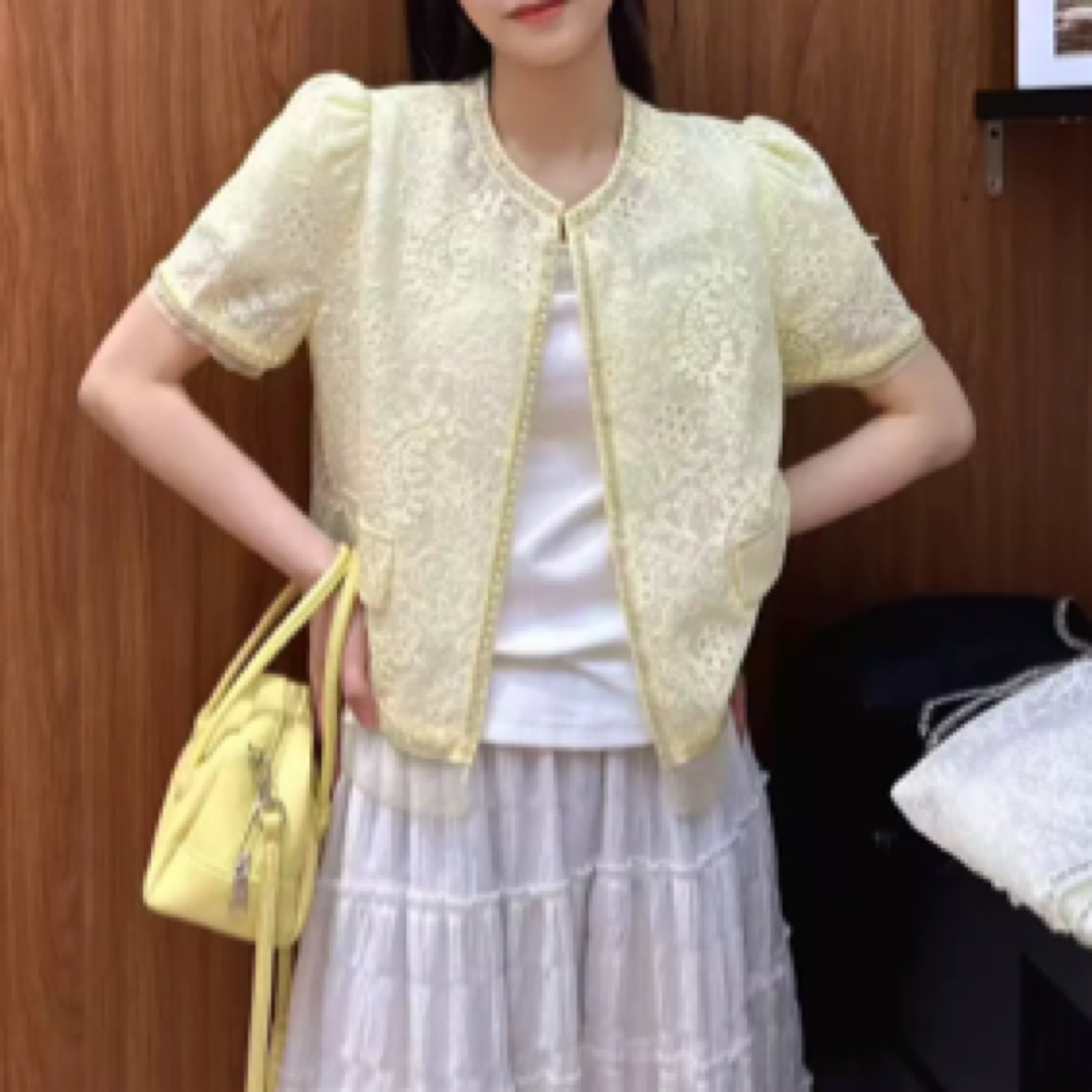 D50178夏季温柔风蕾丝时尚气质显瘦短袖上衣