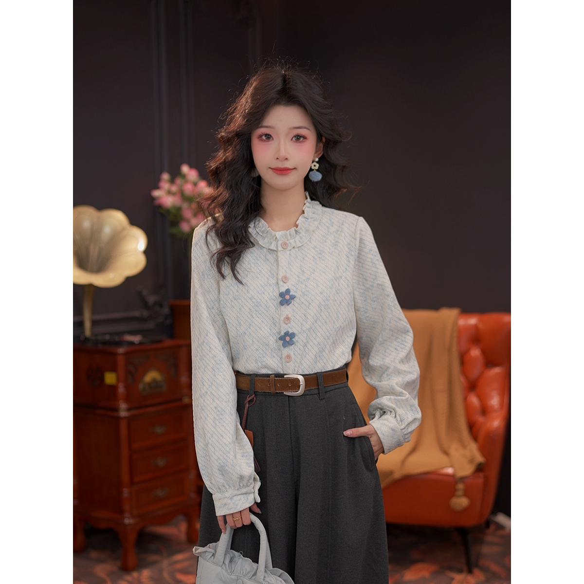 思思复古【允之】木耳边领长袖上衣秋冬季内搭打底叠穿衬衫#G14996