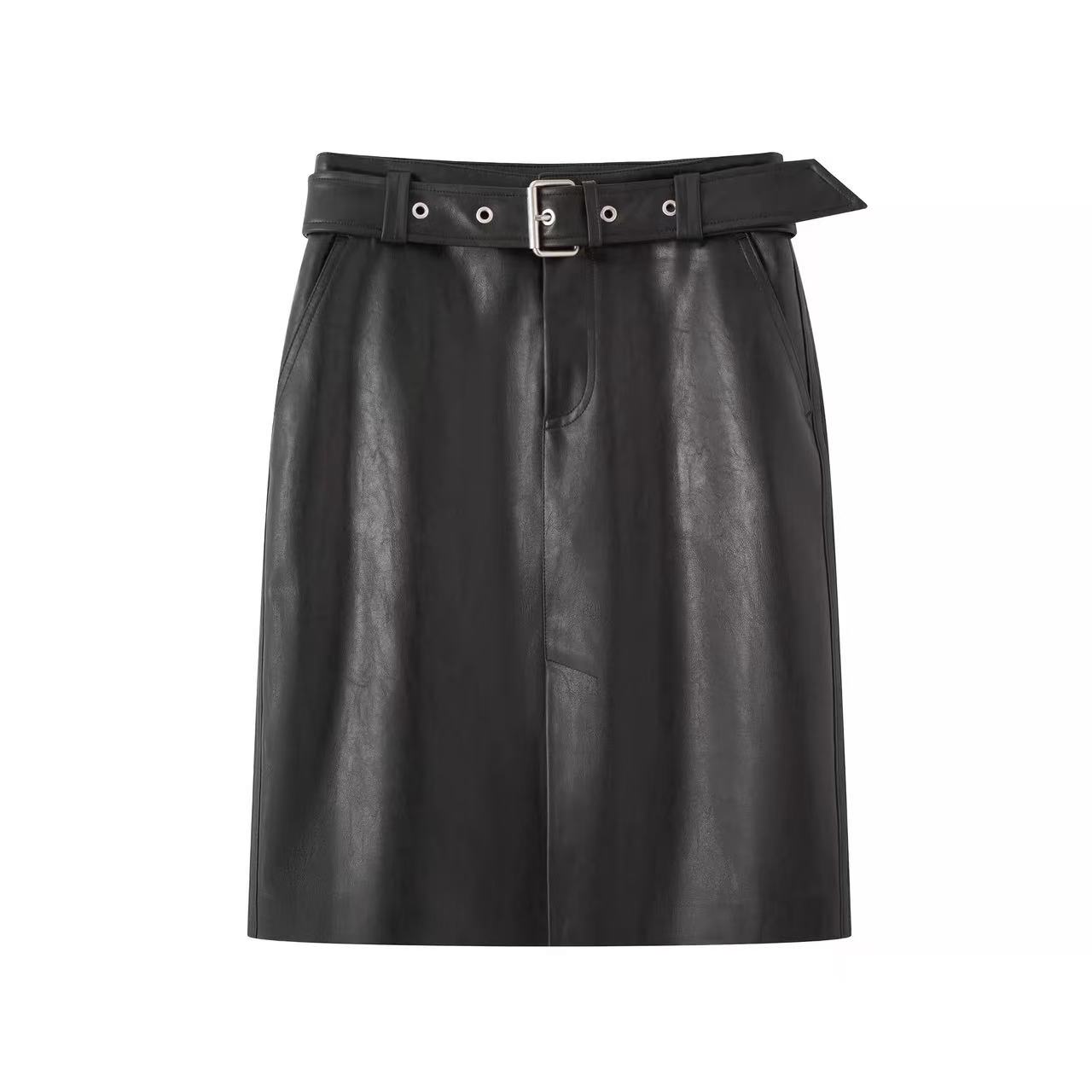 艾*家半身裙商场同款2025秋新款百搭显瘦防走光PU皮短裙4127