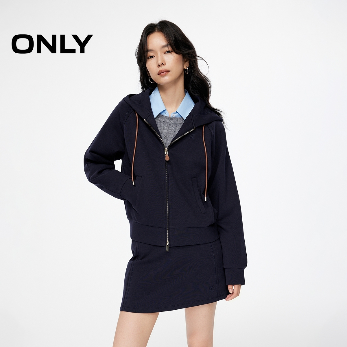 ONLY2025秋季新款老钱风连帽双向拉链设计长袖卫衣女|12539R014