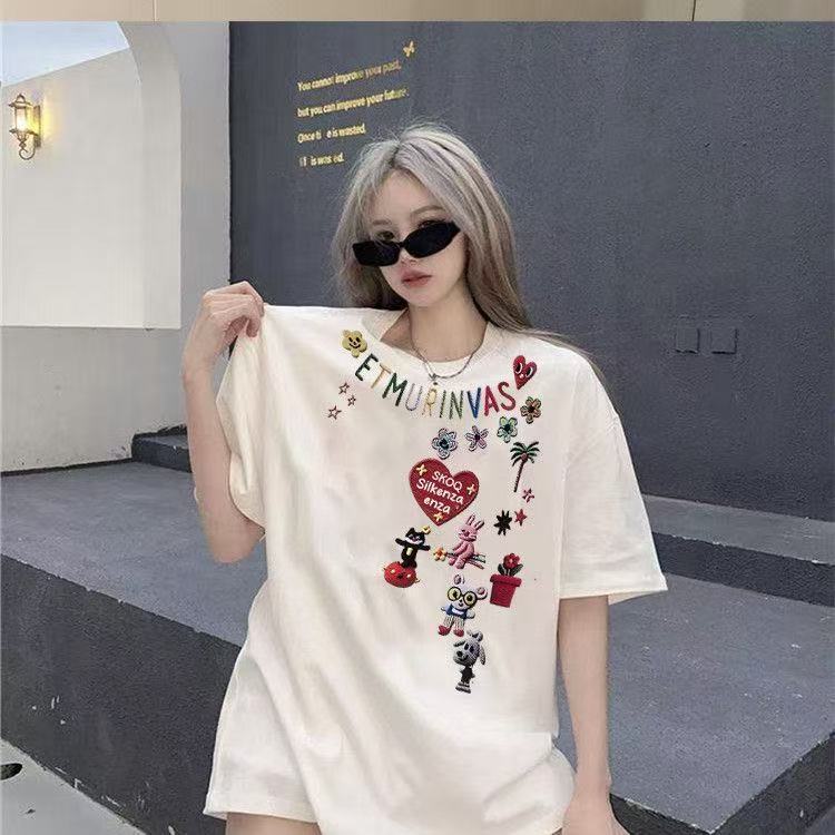 美式重磅纯棉落肩短袖女士夏季ins潮牌设计卡通宽松半袖上衣白色