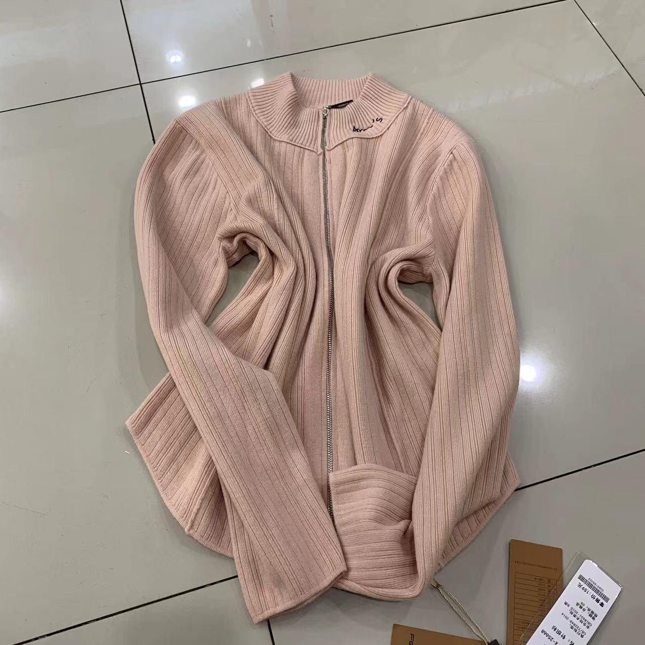 半高领竖条纹开衫针织毛衫25668