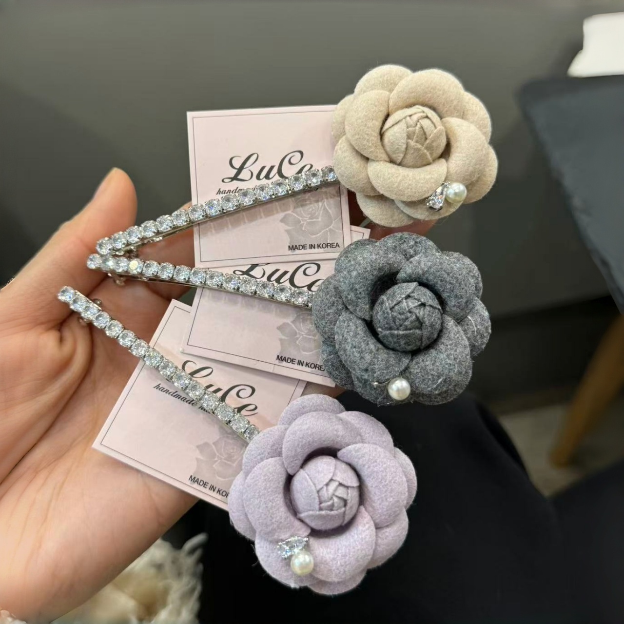 韩国山茶花发夹高级感水钻发卡花朵发饰小香风高档一字夹顶夹头饰