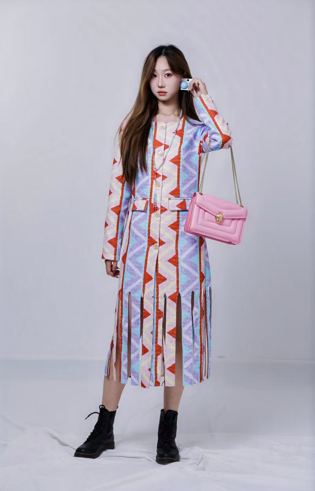 HZHJ新款原创  炫彩菱格流苏时尚长裙走秀款