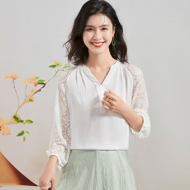 金菊【桑蚕丝立体绣花拼接设计】夏季V领插肩袖经典纯色女式衬衫