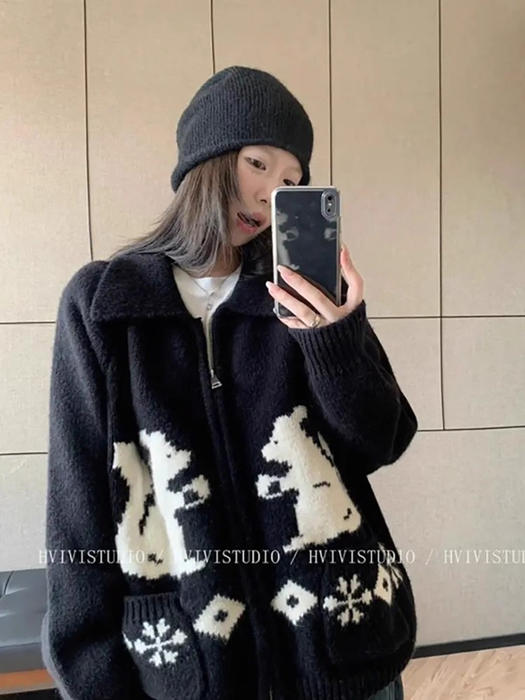 【首发➕运费险】韩系慵懒小松鼠提花毛衣外套韩系宽松针织开衫外套