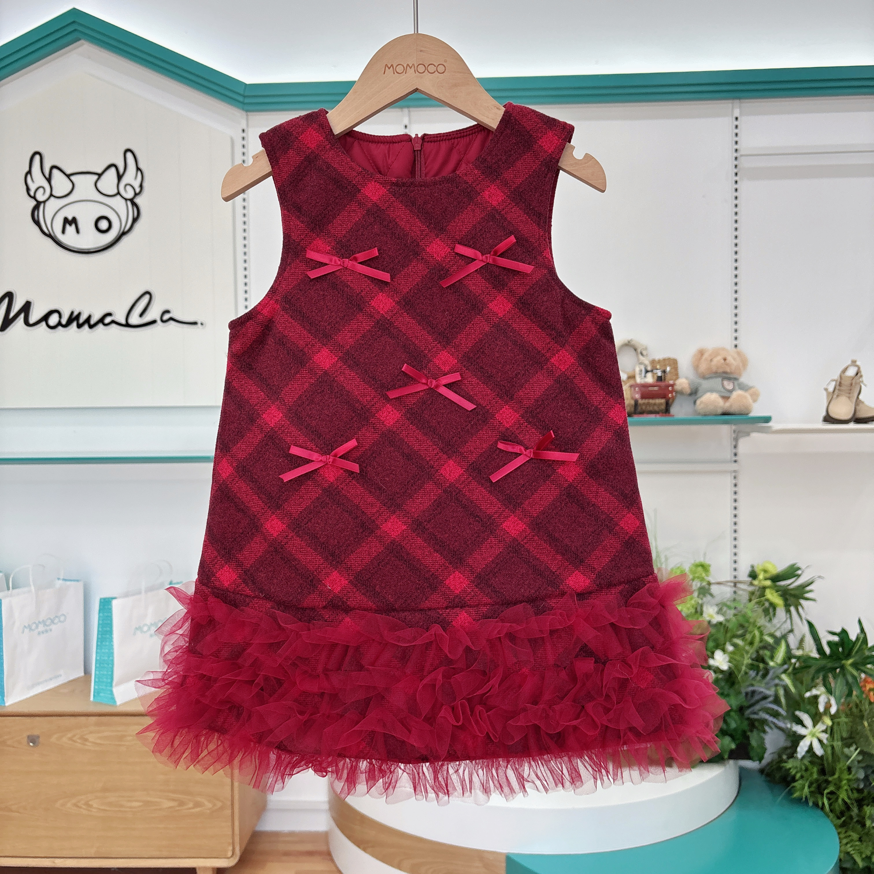 MOMOCO玛米玛卡女童冬季红色格纹夹棉洋气背心裙778806543211