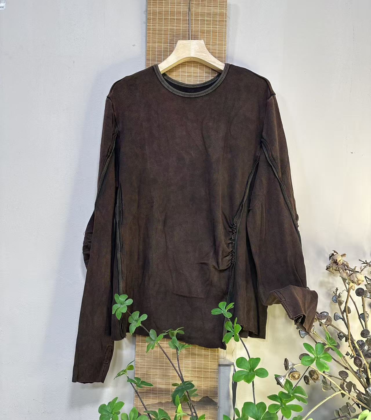 文艺砂洗做旧软糯棉打底衫女个性褶皱显瘦长袖T恤长63胸围116