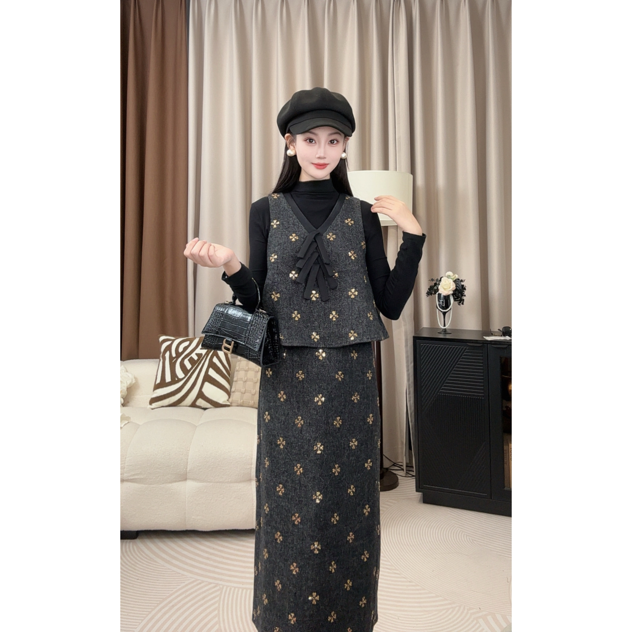 X'XIAO 2025新款法式古典设计百搭亮片半身裙套装