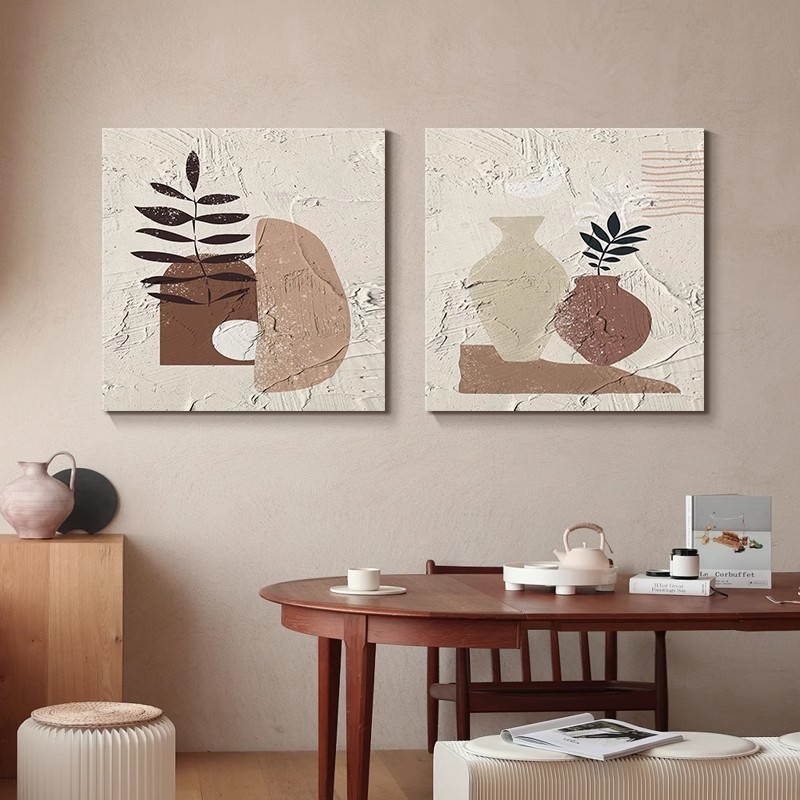 油画中古风餐厅装饰画北欧原木风饭厅壁画简约抽象卧室床头挂画