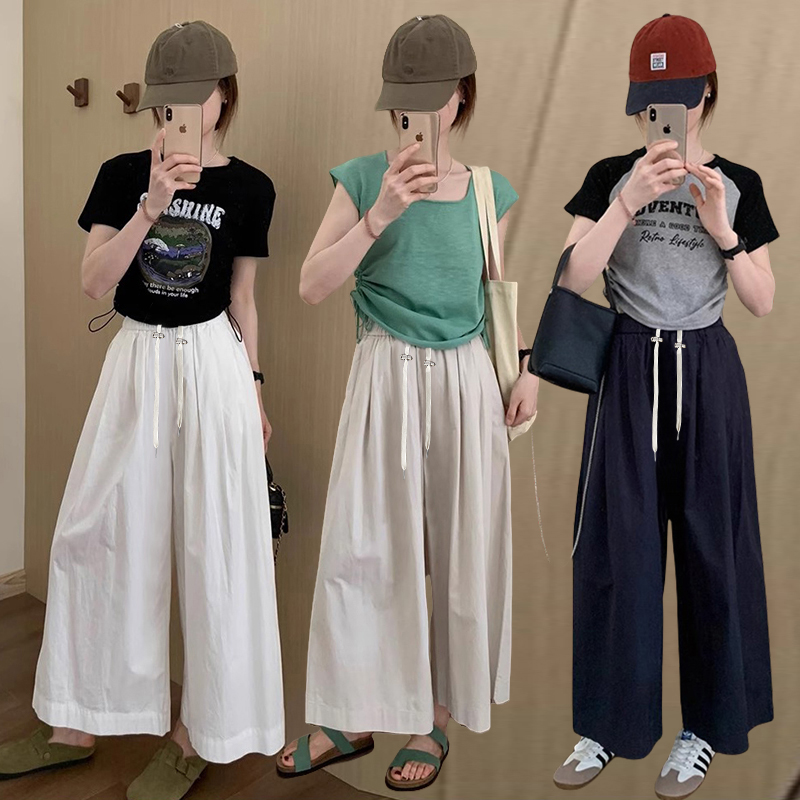 现货孕妇2025春夏新款韩版宽松慵懒九分直筒裤高腰抽绳百搭