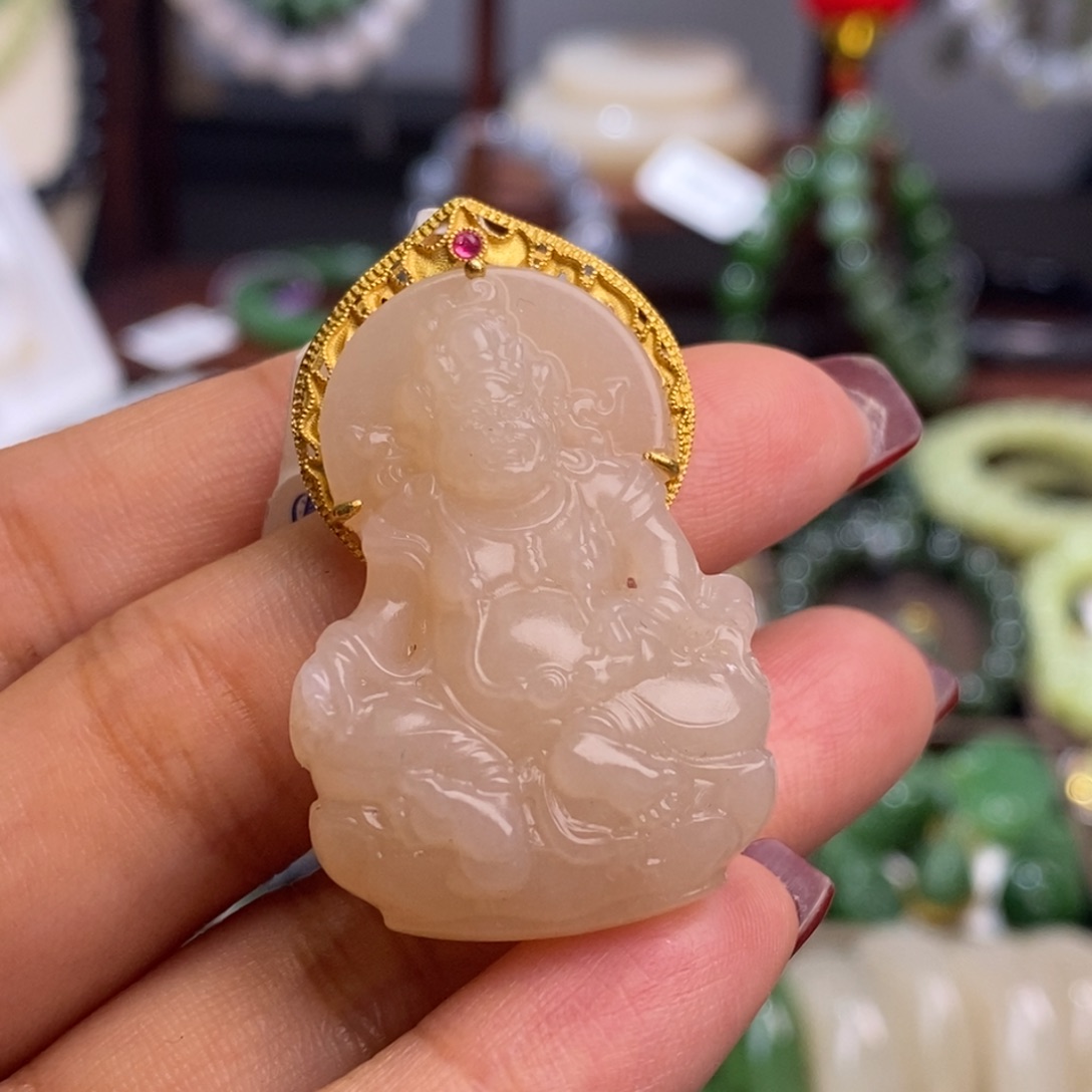 和田玉孤品藕粉金镶黄财神未镶嵌